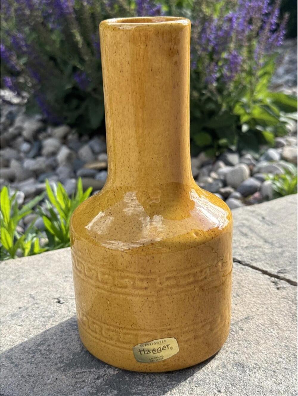 Vintage Haeger Pottery 8” Vase Planter Golden Splash Glaze Double Greek Key